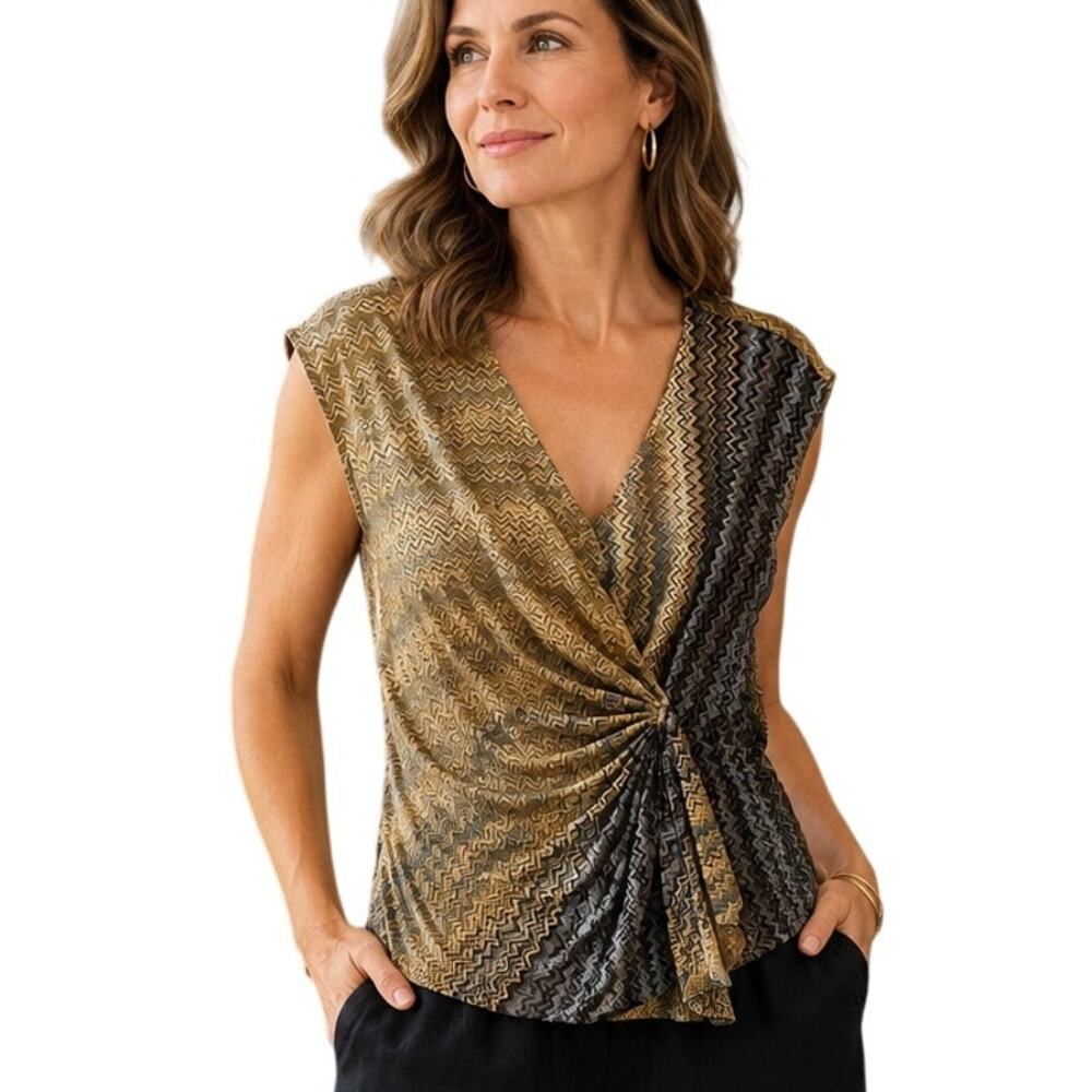 Nic+Zoe Ombre Satin Top Womens Large Tan Blue Chevron Gathered Side Sleeveless